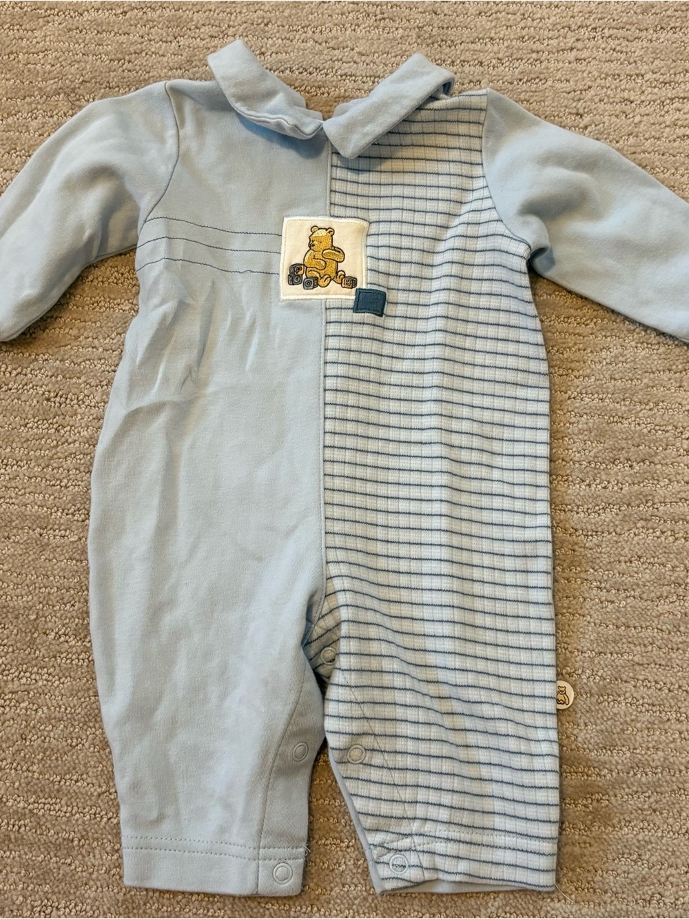Classic Pooh Baby Blue One-Piece Romper with Bear Patch